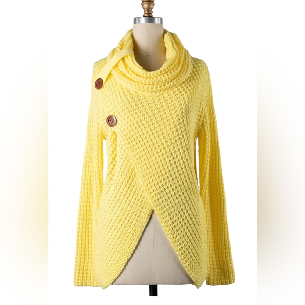 Miracle Yellow Cowl Neck Tulip Hem Long Sleeve Cable Knit Sweater